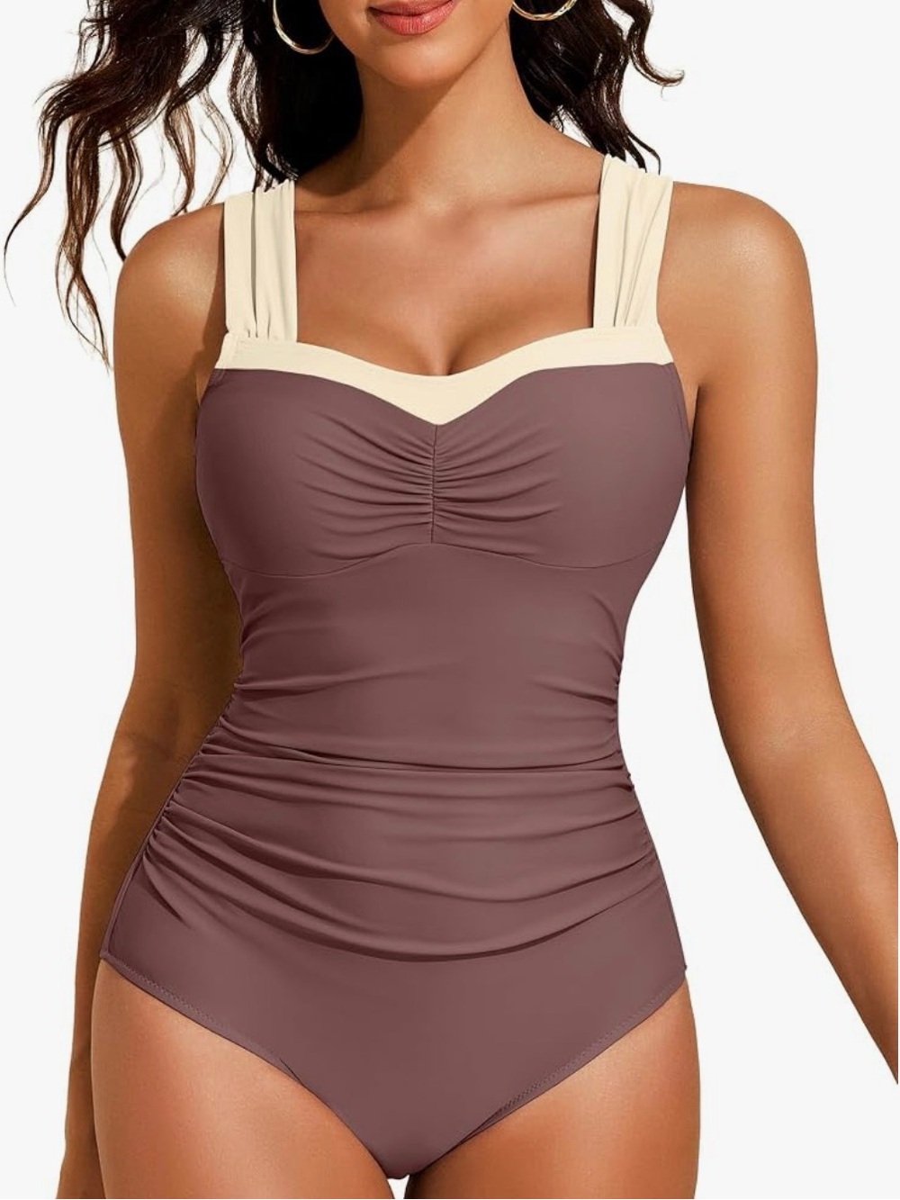 Women’s Two-Tone Mauve & Cream Ruched One-Piece Swimsuit w tummy control